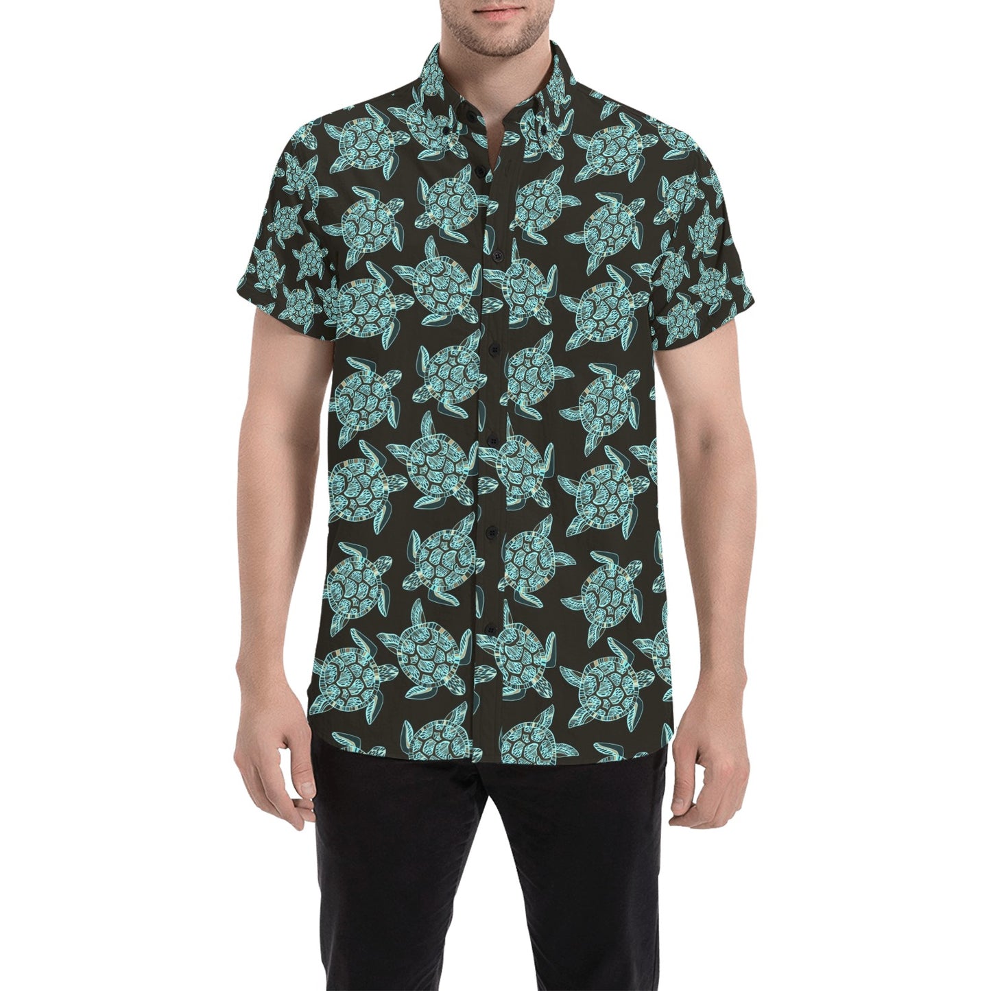 Sea Turtle Print Design LKS302 Men Short Sleeve Button Up Shirt