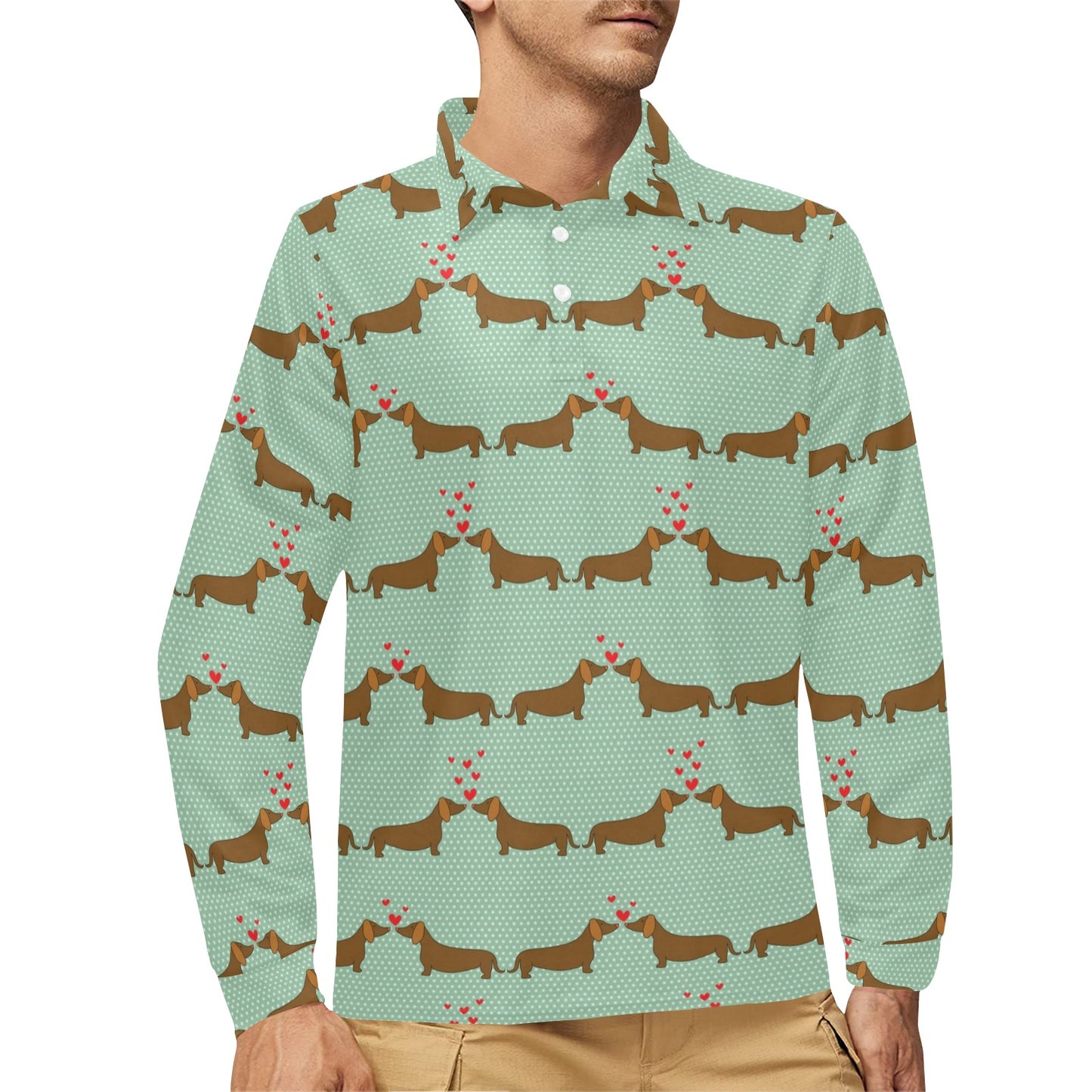 Dachshund Pattern Print Design 02 Long Sleeve Polo Shirt For Men's