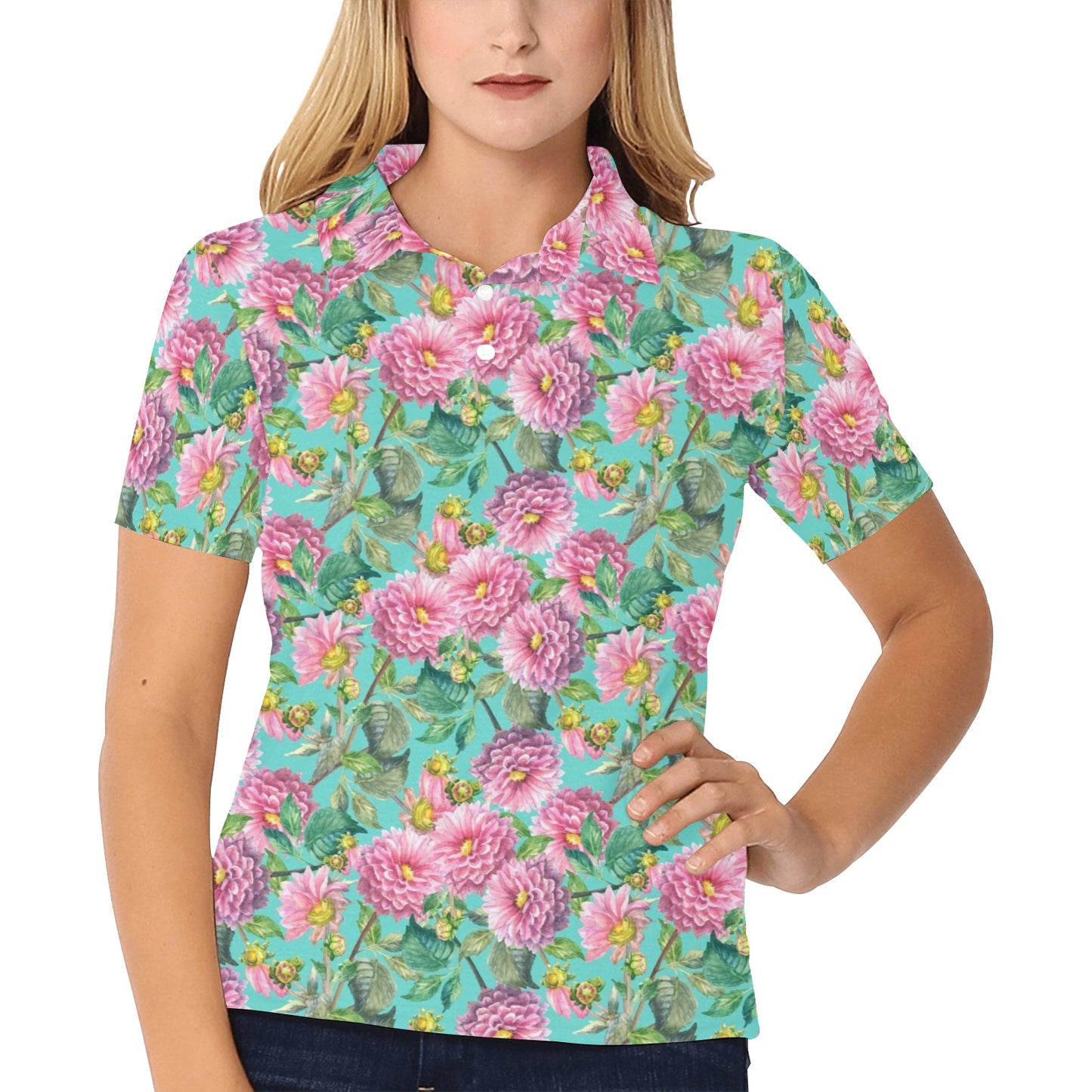 Dahlia Pattern Print Design DH07 Women's Polo Shirt