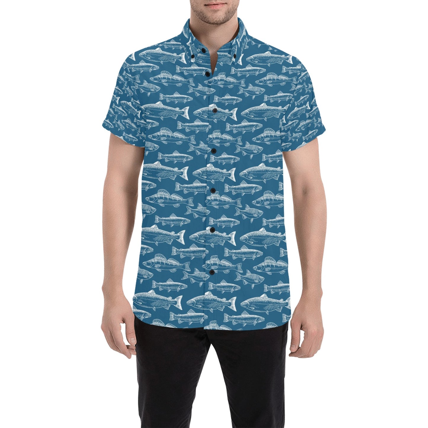 Salmon Fish Print Design LKS301 Men Short Sleeve Button Up Shirt