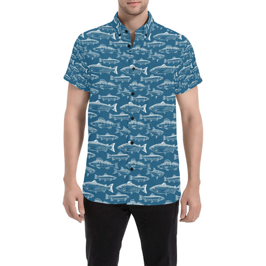 Salmon Fish Print Design LKS301 Men Short Sleeve Button Up Shirt