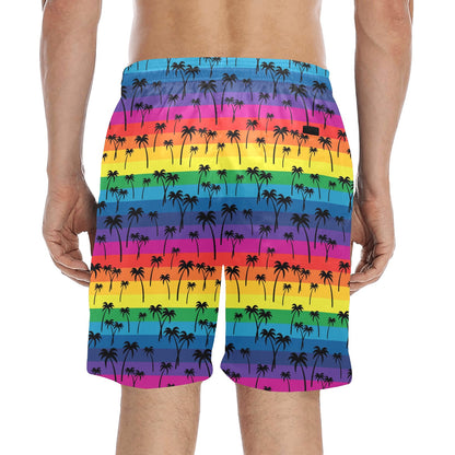 Palm Tree Rainbow Themed Print Men's Swim Trunks Beach Shorts