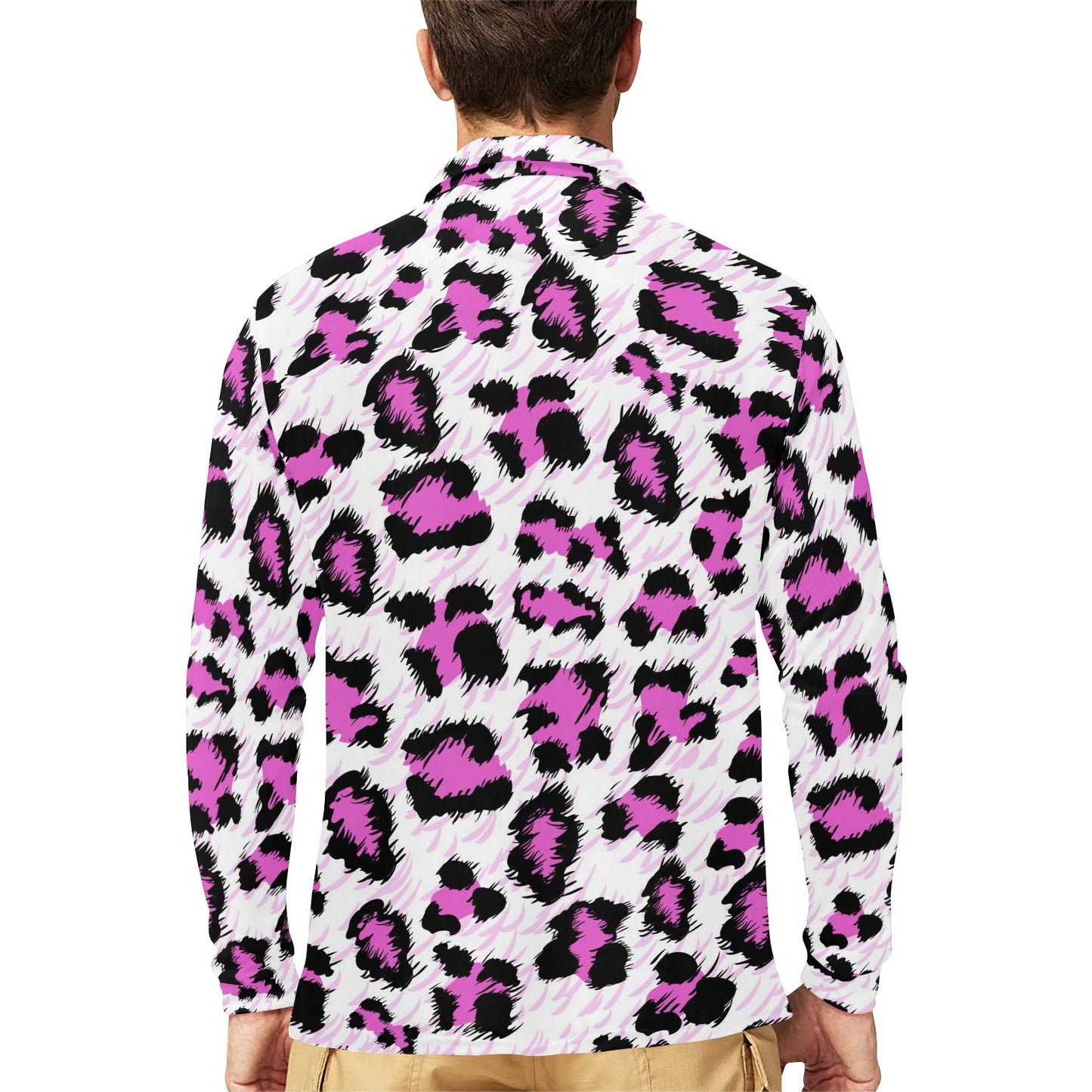 Leopard Pink Skin Print Long Sleeve Polo Shirt For Men's