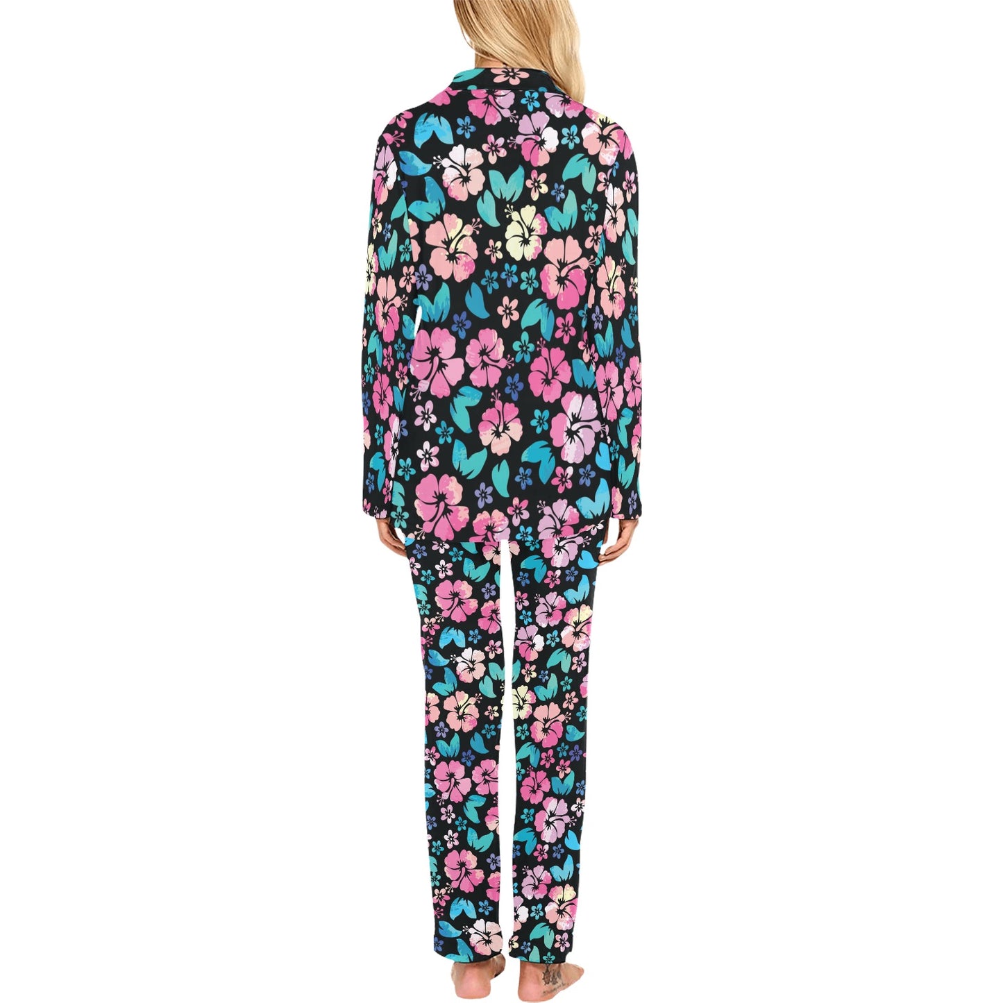 Pink Hibiscus Hawaiian Flower Women's Long Pajama Set