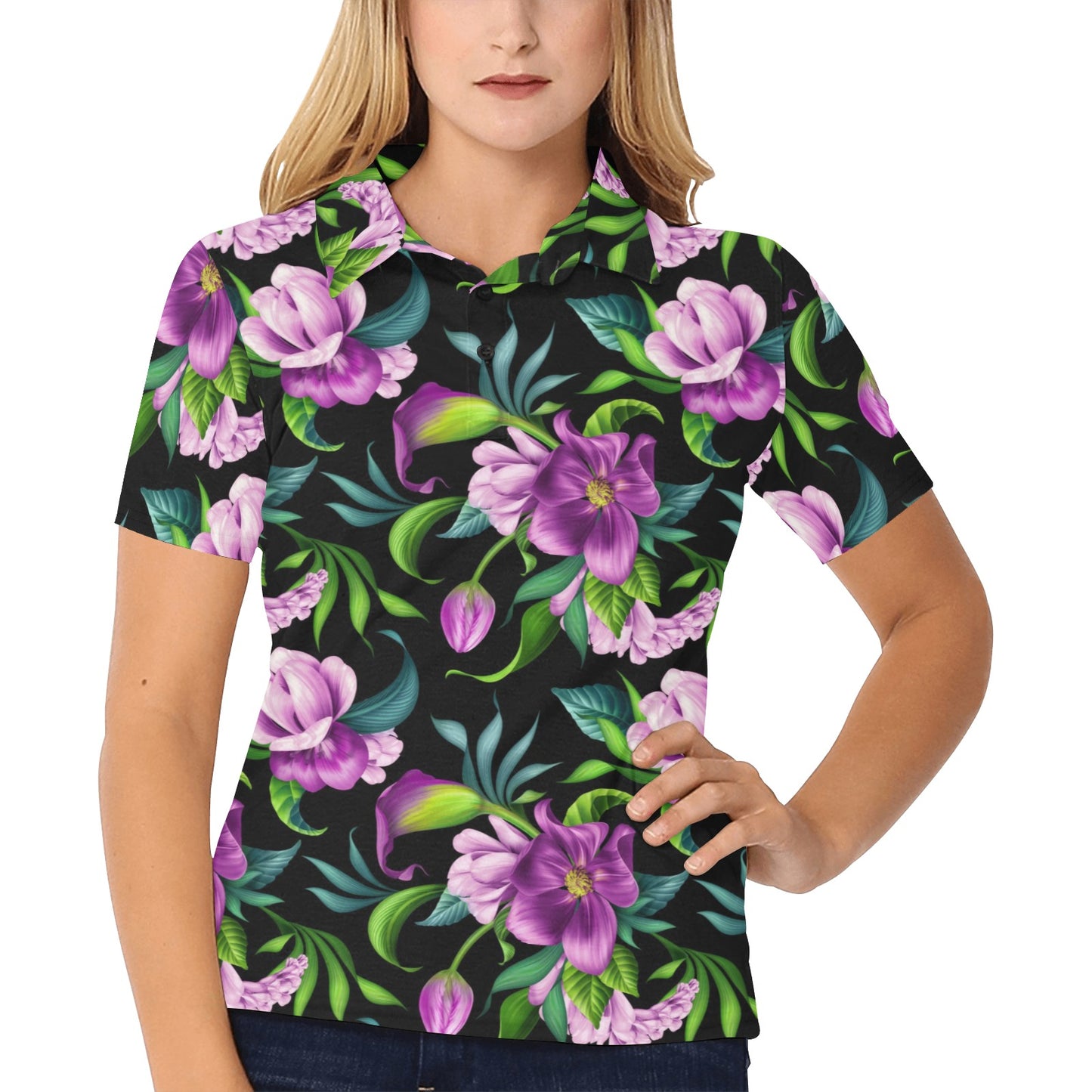 Bright Purple Floral Pattern Women's Polo Shirt