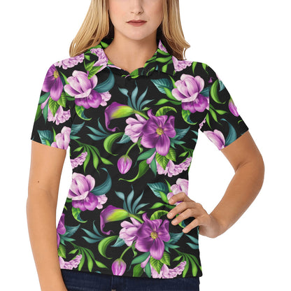 Bright Purple Floral Pattern Women's Polo Shirt