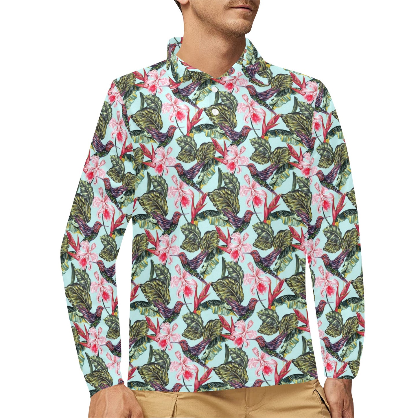 Hummingbird Cute Themed Print Long Sleeve Polo Shirt For Men's