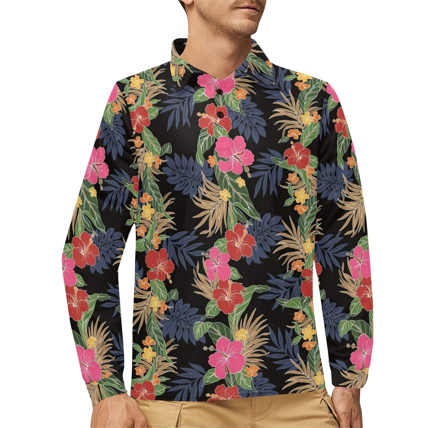 Hawaiian Themed Pattern Print Design H011 Long Sleeve Polo Shirt For Men's