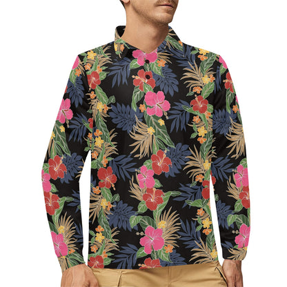 Hawaiian Themed Pattern Print Design H011 Long Sleeve Polo Shirt For Men's