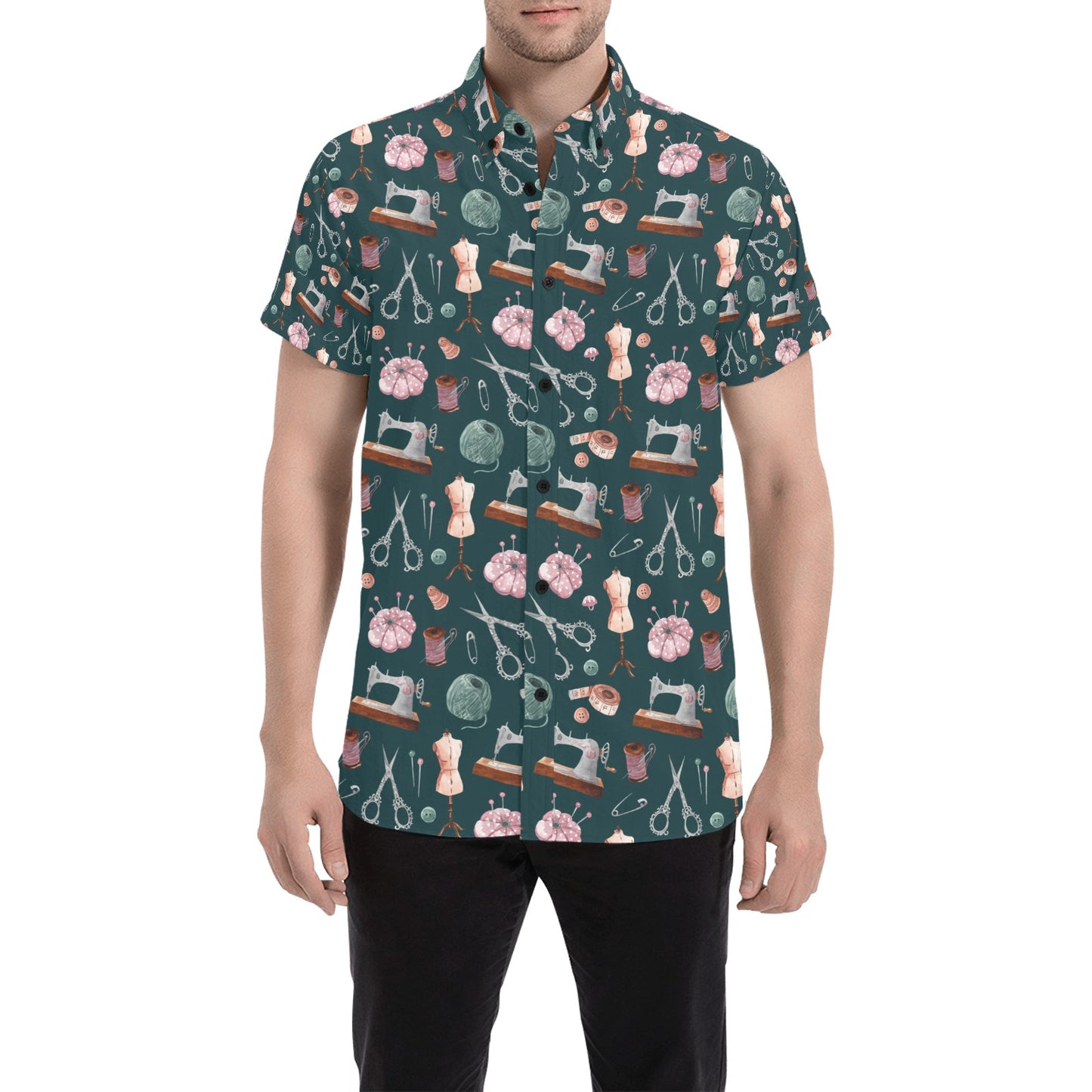 Sewing Equipment Print Design LKS307 Men Short Sleeve Button Up Shirt