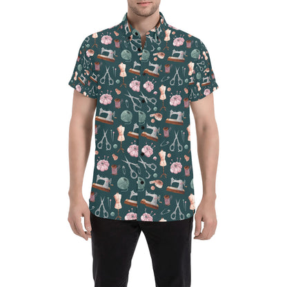 Sewing Equipment Print Design LKS307 Men Short Sleeve Button Up Shirt