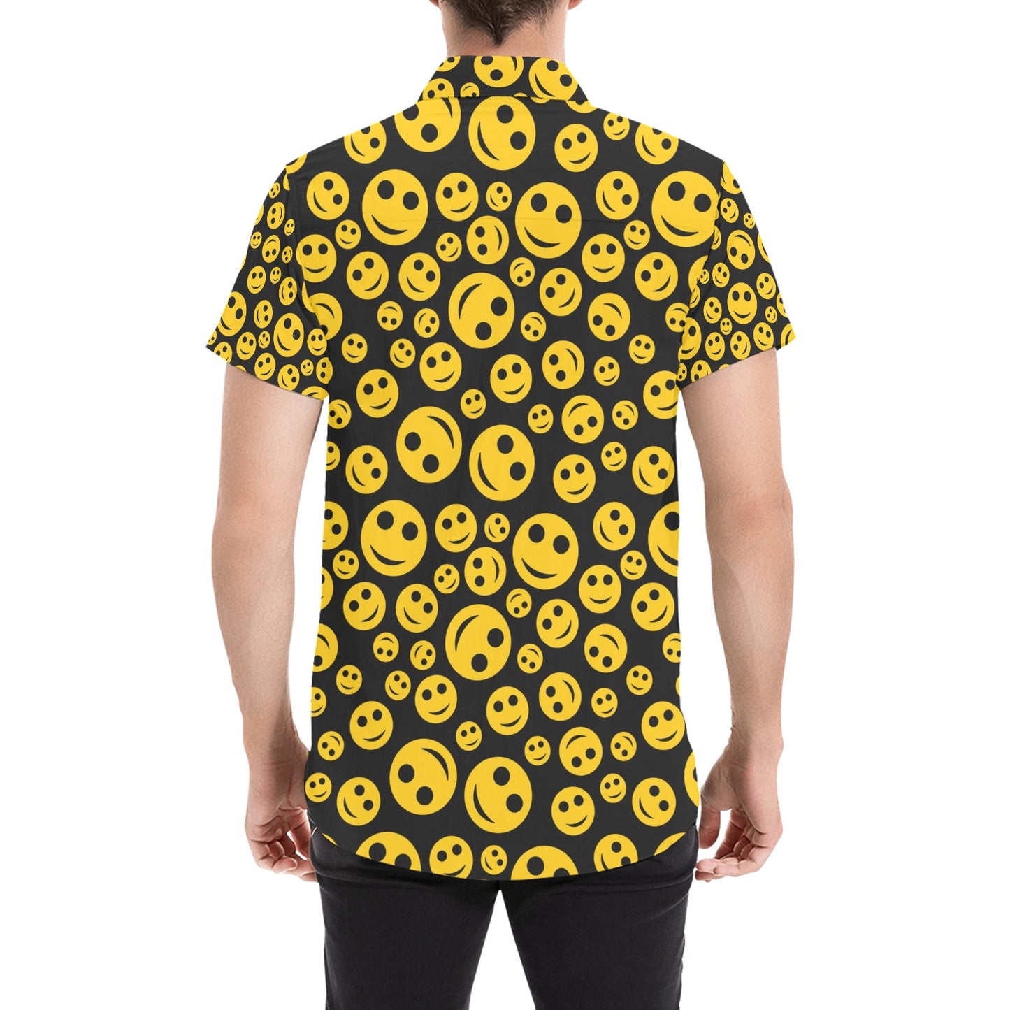 Smiley Face Emoji Print Design LKS304 Men Short Sleeve Button Up Shirt