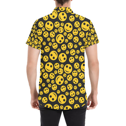 Smiley Face Emoji Print Design LKS304 Men Short Sleeve Button Up Shirt