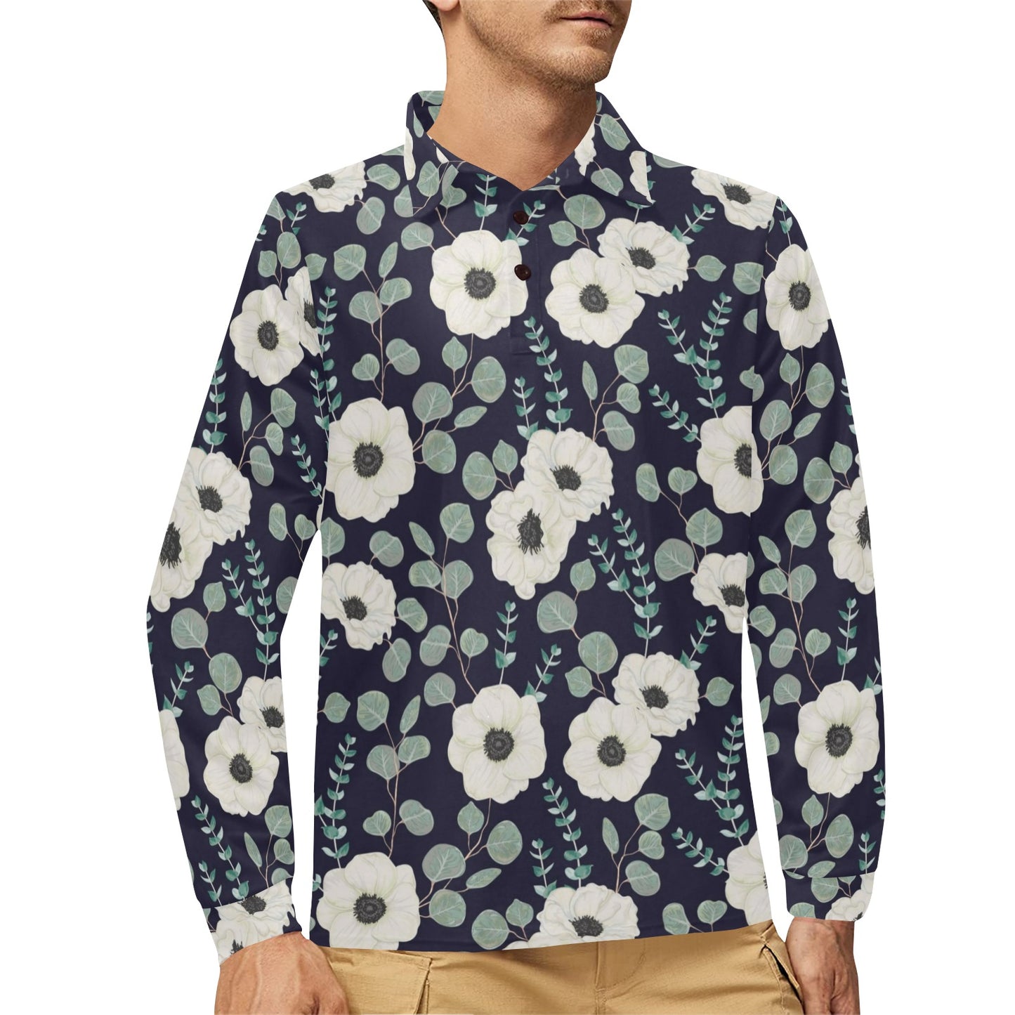 Anemone Pattern Print Design AM01 Long Sleeve Polo Shirt For Men's