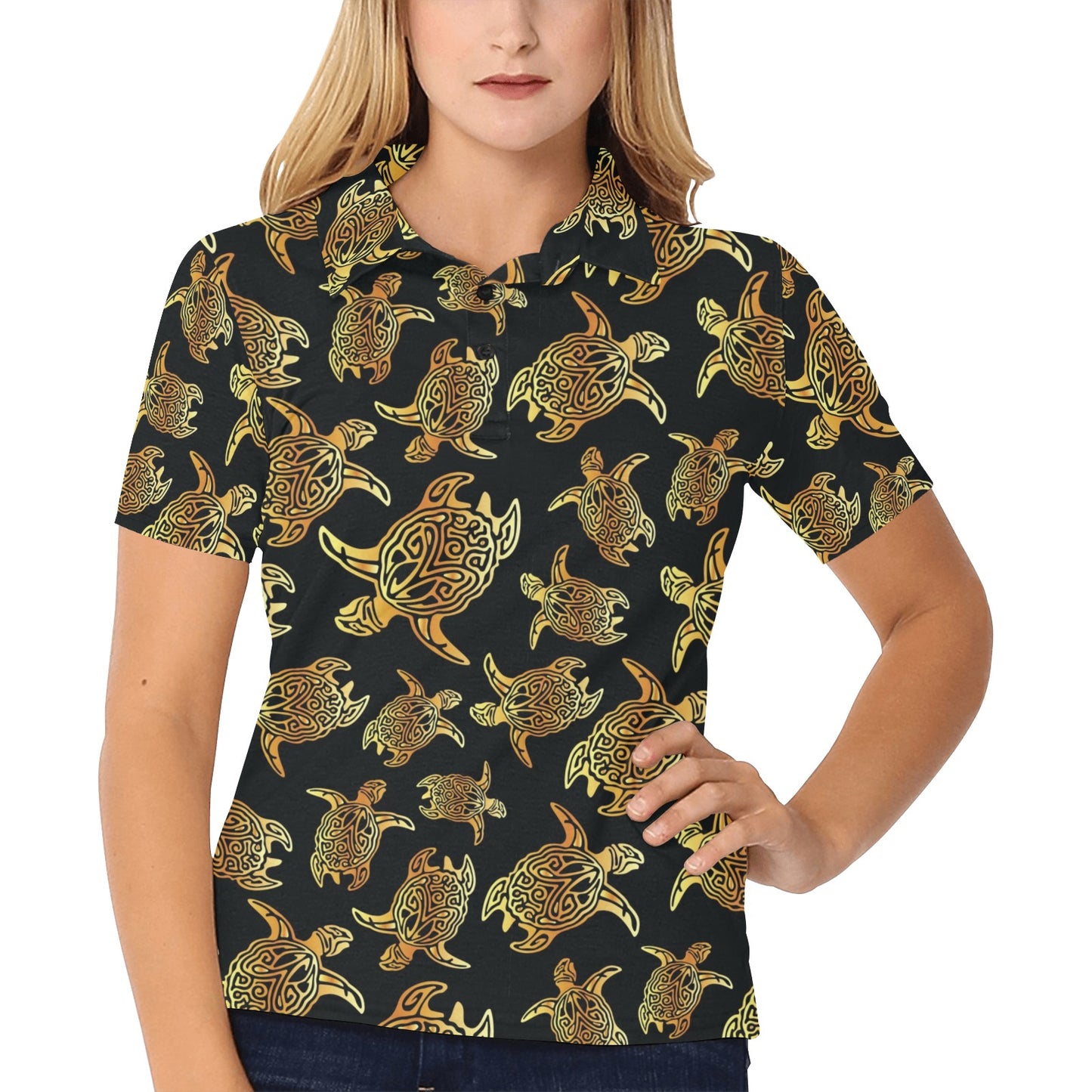 Gold Tribal Turtle Polynesian Themed Women's Polo Shirt