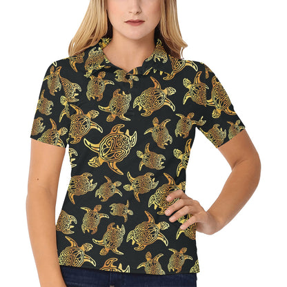 Gold Tribal Turtle Polynesian Themed Women's Polo Shirt