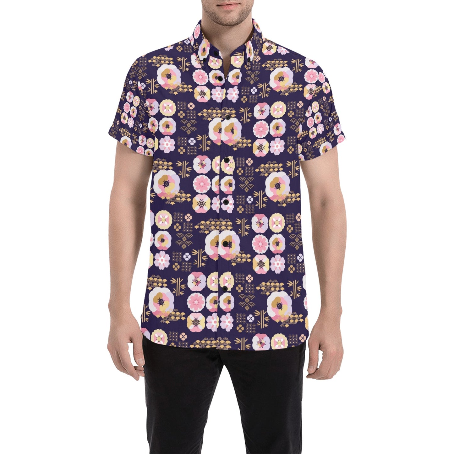 Sakura Japan Style Print Design LKS302 Men Short Sleeve Button Up Shirt