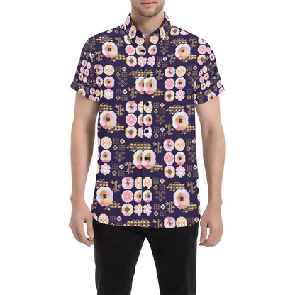 Sakura Japan Style Print Design LKS302 Men Short Sleeve Button Up Shirt