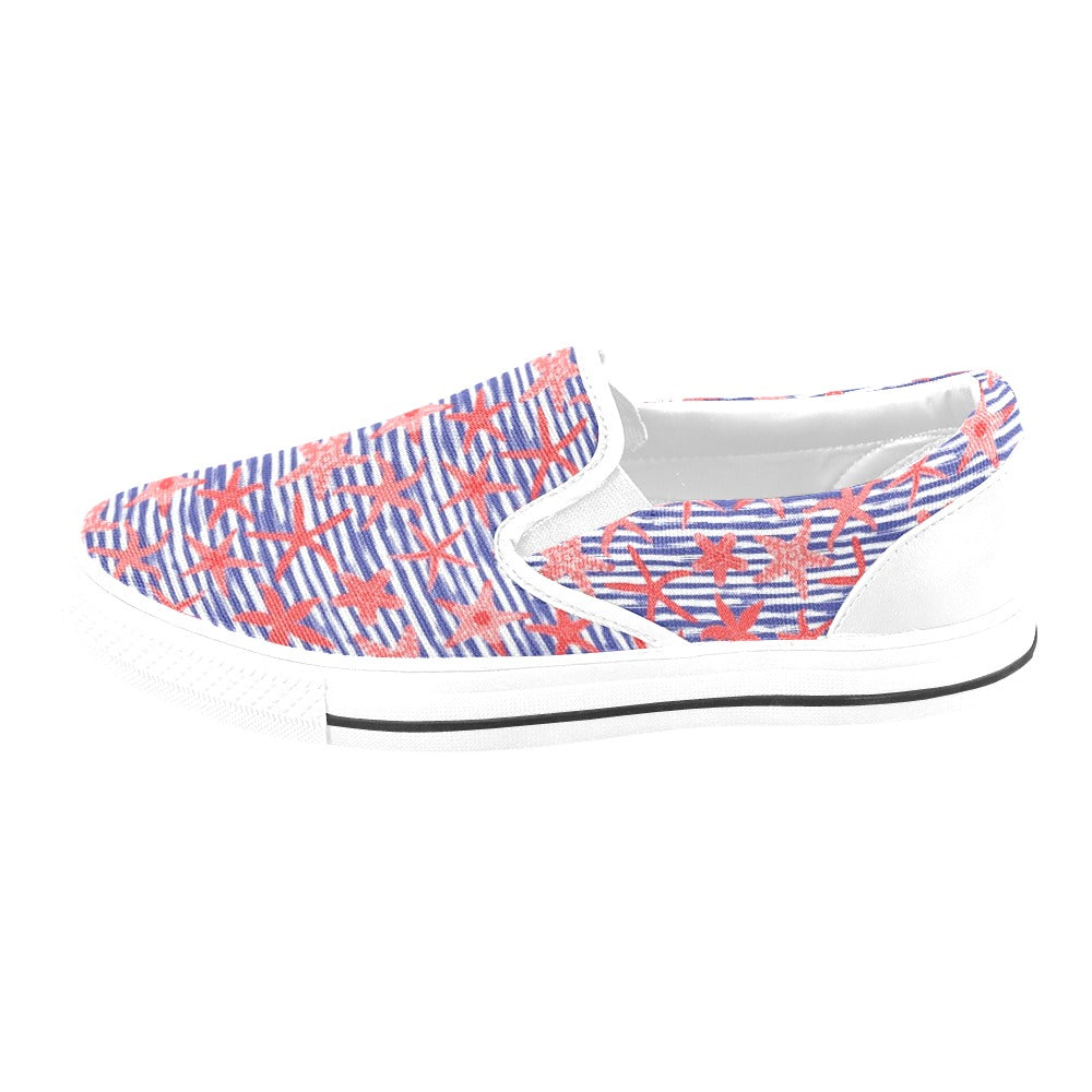 Starfish Print Design LKS401 White Slip Ons Canvas Women's Shoes