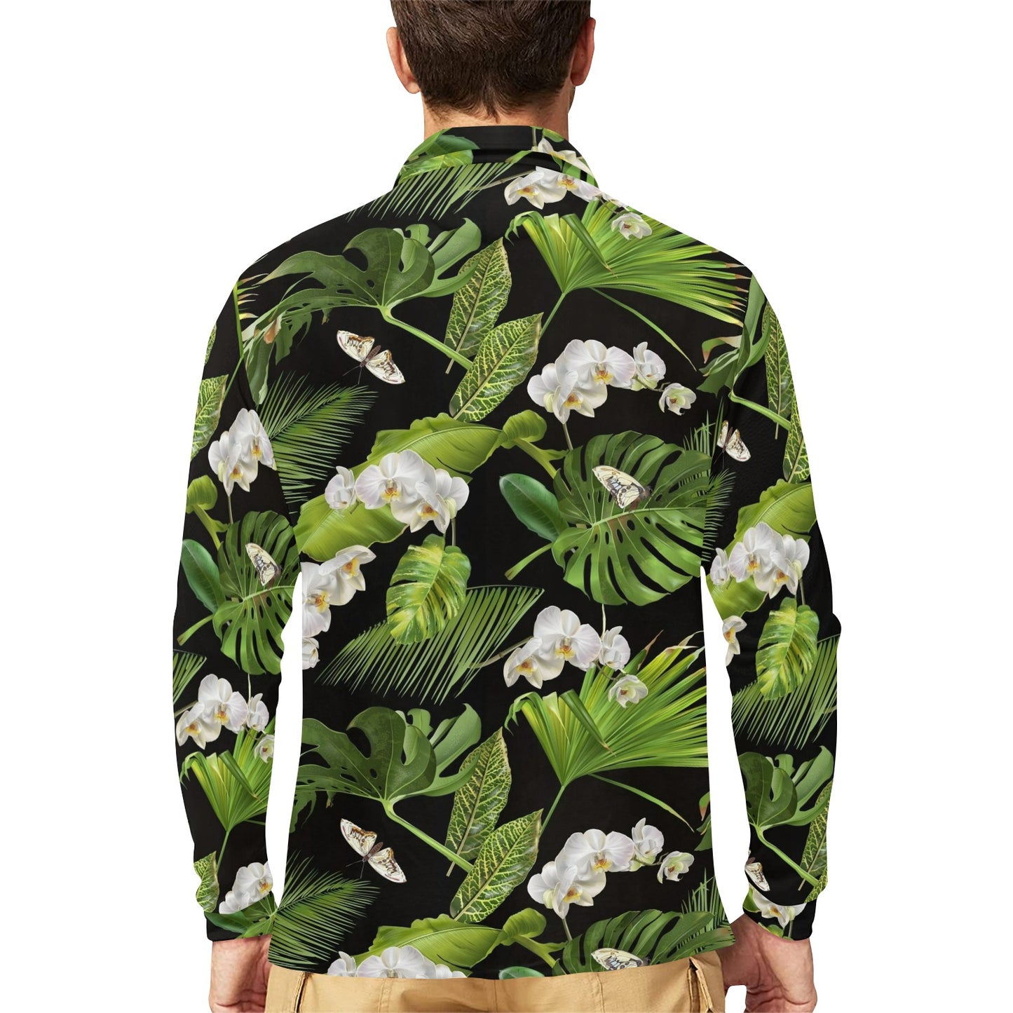 Tropical Flower Pattern Print Design TF026 Long Sleeve Polo Shirt For Men's