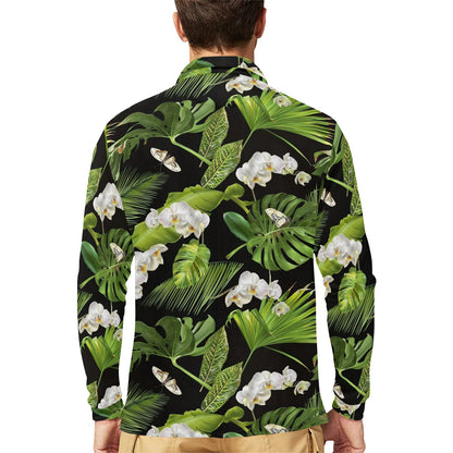 Tropical Flower Pattern Print Design TF026 Long Sleeve Polo Shirt For Men's