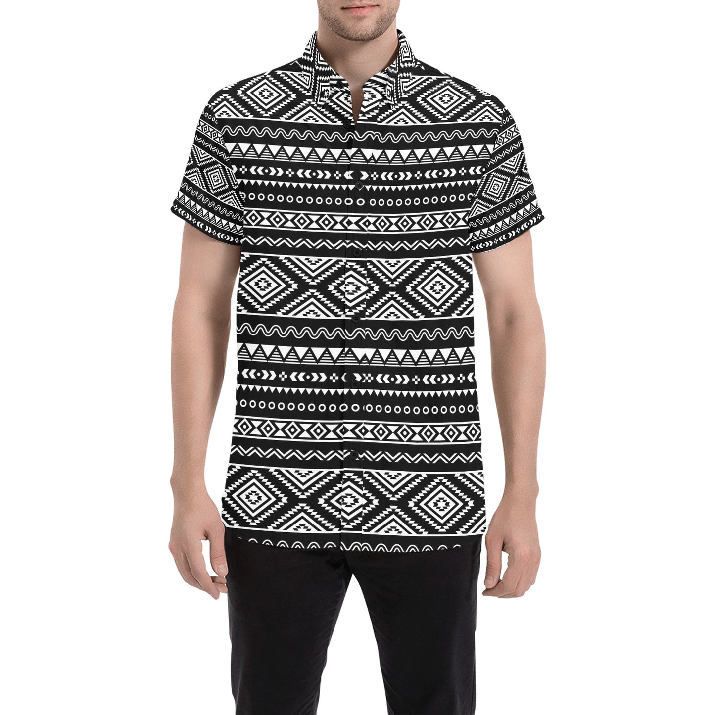 Tribal Pattern Print Design LKS301 Men Short Sleeve Button Up Shirt