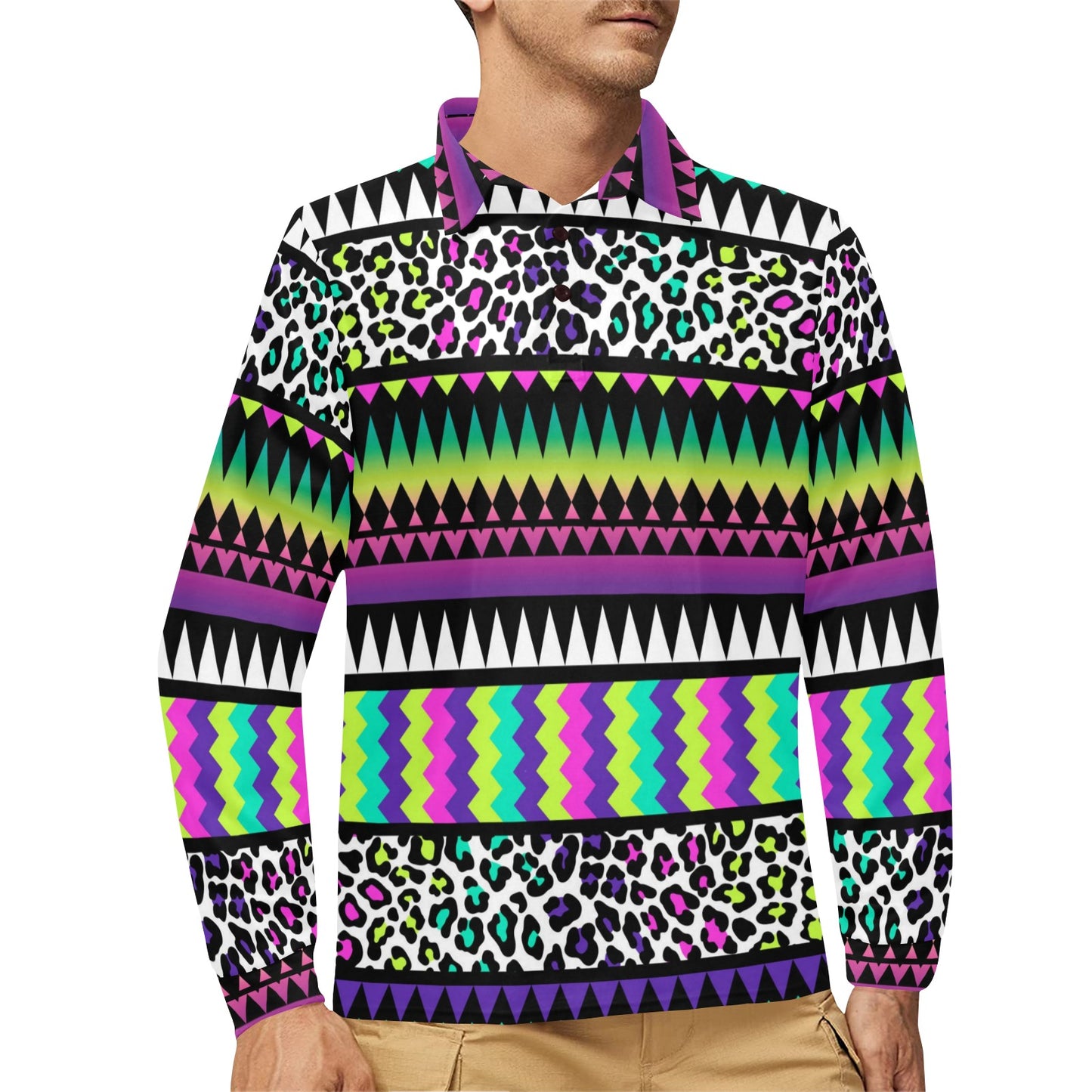 Animal Skin Aztec Rainbow Long Sleeve Polo Shirt For Men's