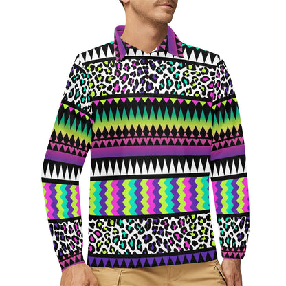 Animal Skin Aztec Rainbow Long Sleeve Polo Shirt For Men's