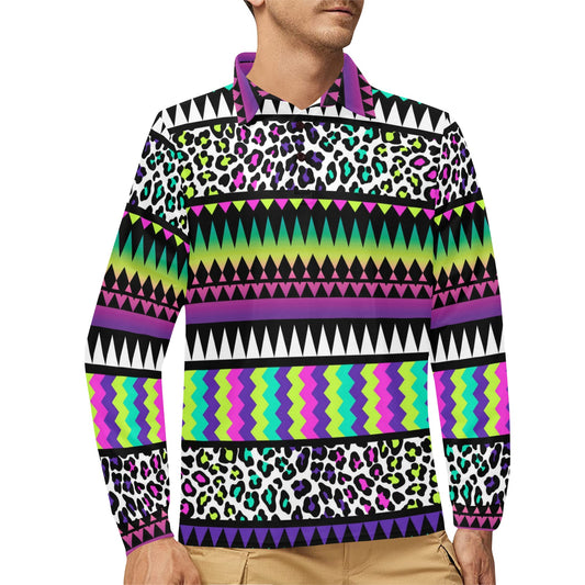Animal Skin Aztec Rainbow Long Sleeve Polo Shirt For Men's