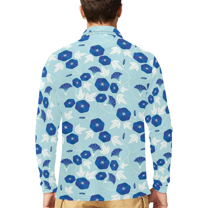 Morning Glory Pattern Print Design MG07 Long Sleeve Polo Shirt For Men's