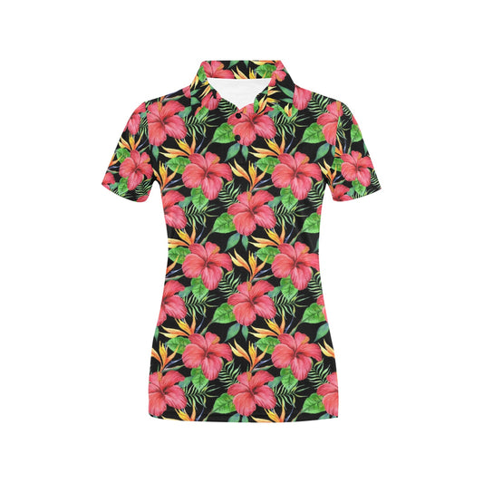 Red Hibiscus Pattern Print Design HB07 Women's Polo Shirt