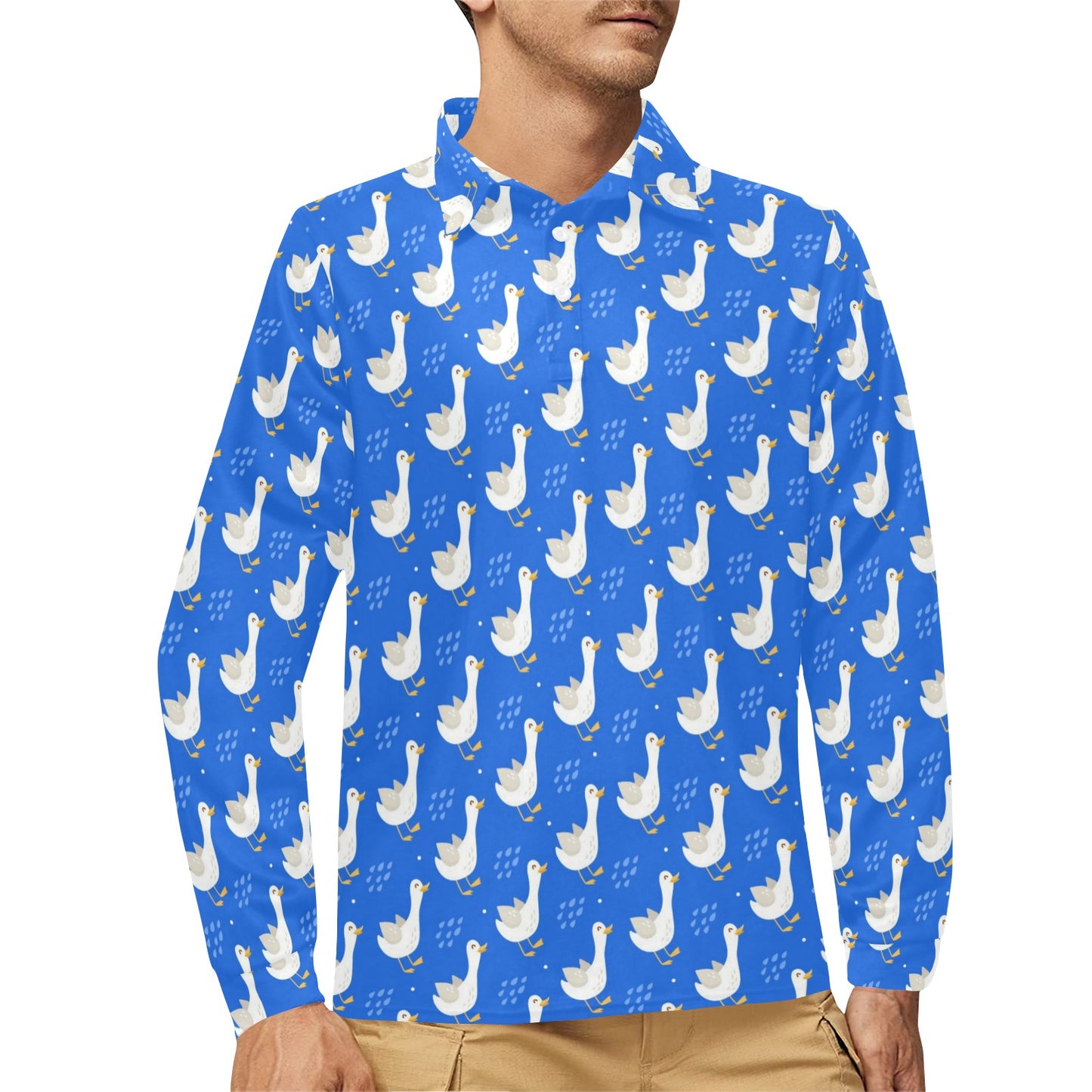 Goose Print Design LKS402 Long Sleeve Polo Shirt For Men's