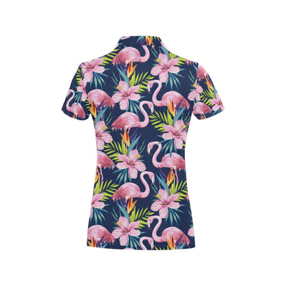 Flamingo Hibiscus Print Women's Polo Shirt