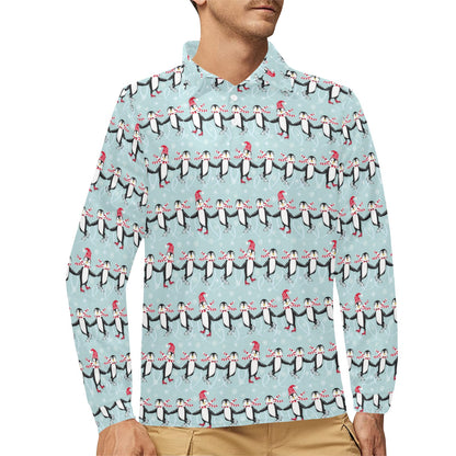 Penguin Sking Design Long Sleeve Polo Shirt For Men's