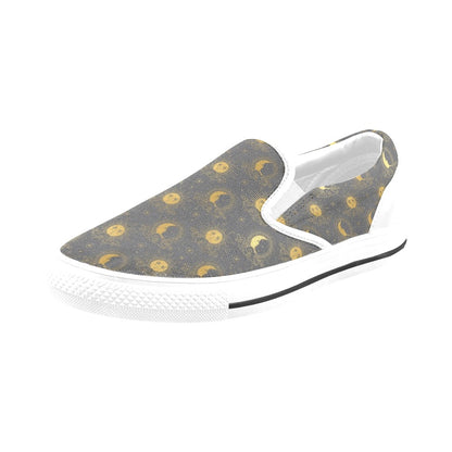 Sun Moon Print Design LKS305 White Slip Ons Canvas Women's Shoes
