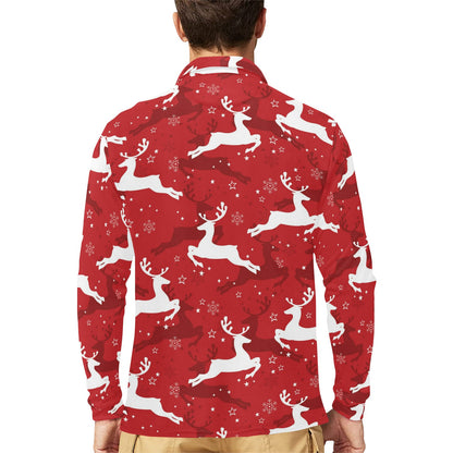 Reindeer Red Pattern Print Design 01 Long Sleeve Polo Shirt For Men's