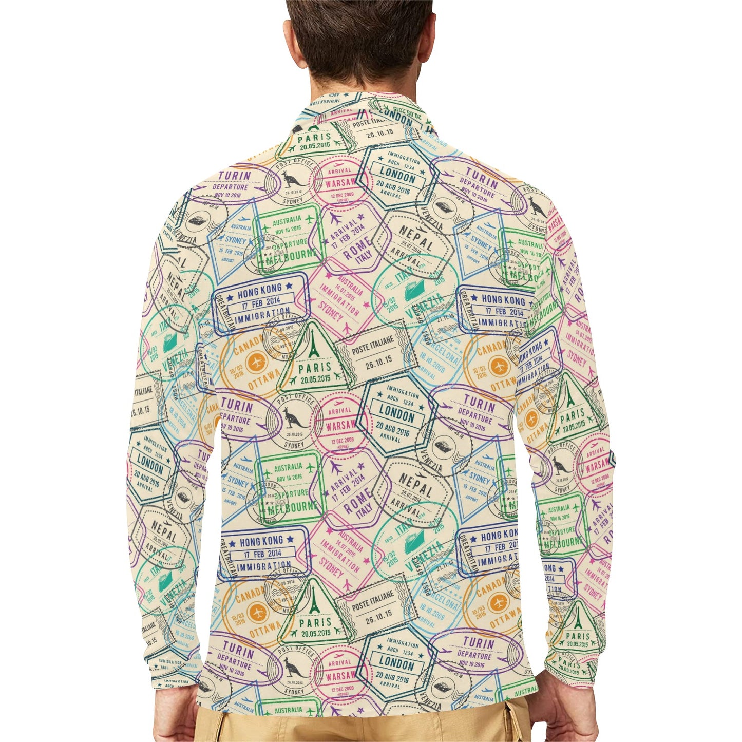 Travel Stamp Print Design LKS303 Long Sleeve Polo Shirt For Men's