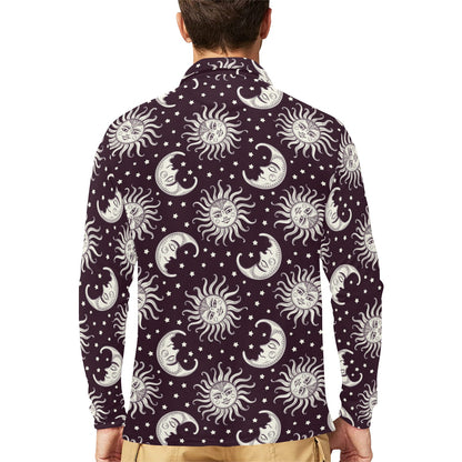 Sun Moon Face Long Sleeve Polo Shirt For Men's