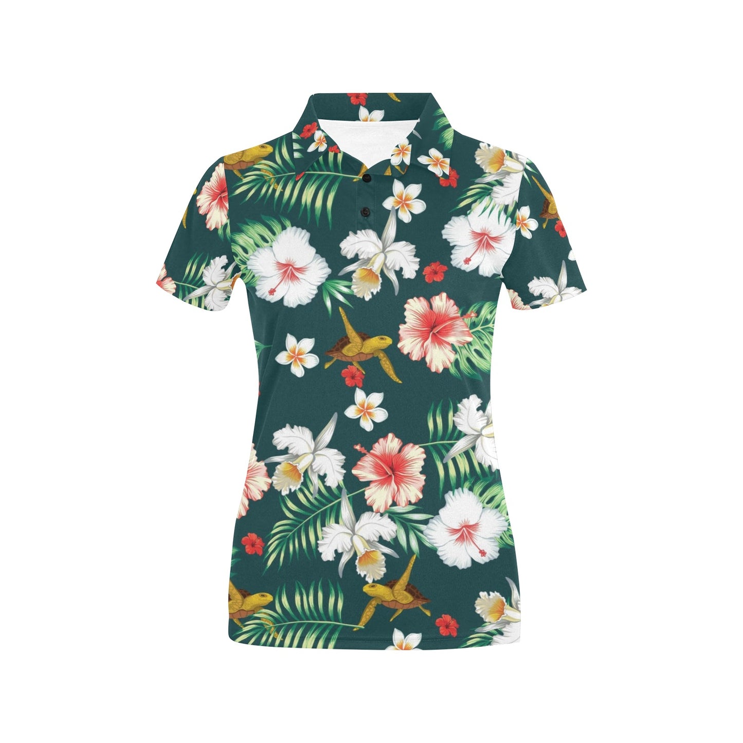 Hawaiian Flower Design with SeaTurtle Print Women's Polo Shirt