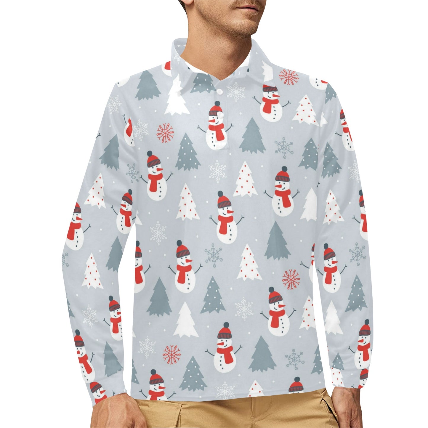 Snowman Print Design LKS302 Long Sleeve Polo Shirt For Men's