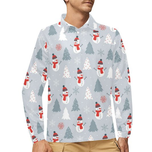 Snowman Print Design LKS302 Long Sleeve Polo Shirt For Men's