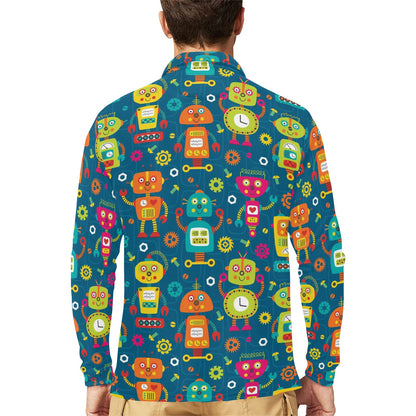 Robot Pattern Print Design A04 Long Sleeve Polo Shirt For Men's