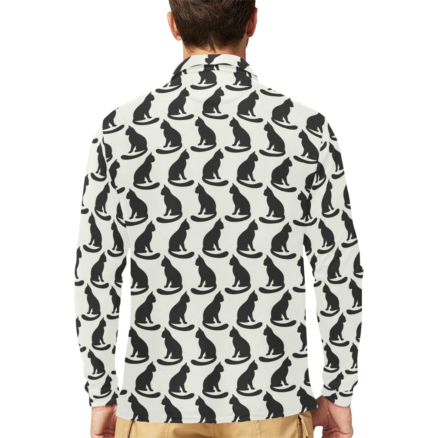 Black Cat Pattern Print Design 02 Long Sleeve Polo Shirt For Men's