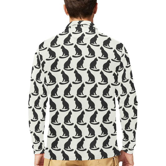 Black Cat Pattern Print Design 02 Long Sleeve Polo Shirt For Men's