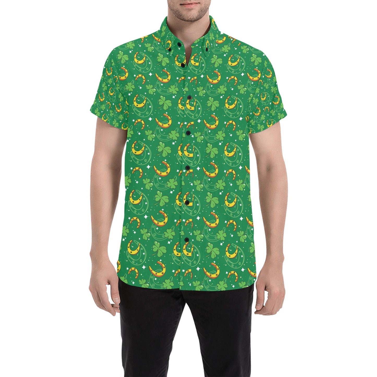 Shamrock With Horse Shoes Print Design LKS305 Men Short Sleeve Button Up Shirt