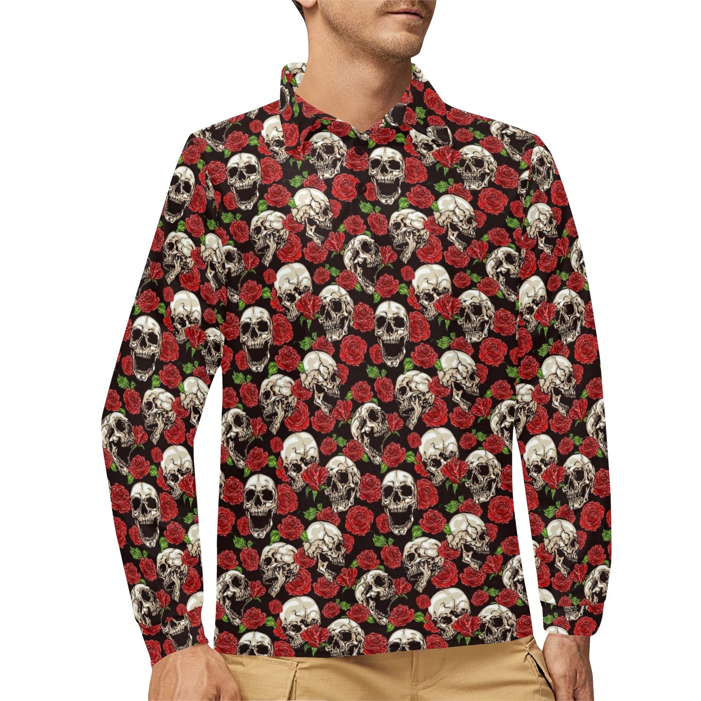 Skull Roses Design Themed Print Long Sleeve Polo Shirt For Men's