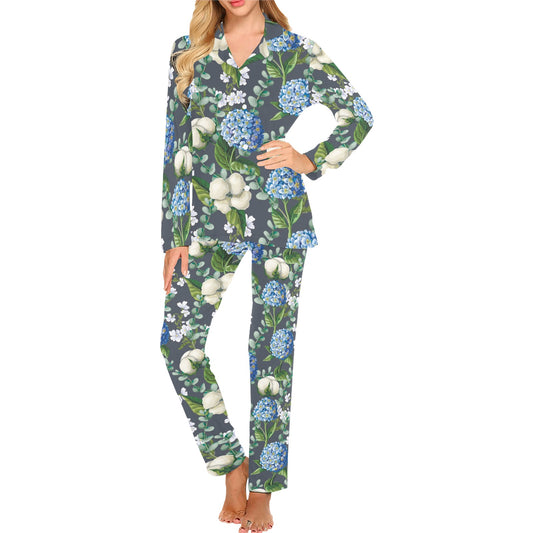 Hydrangea Pattern Print Design 02 Women's Long Pajama Set