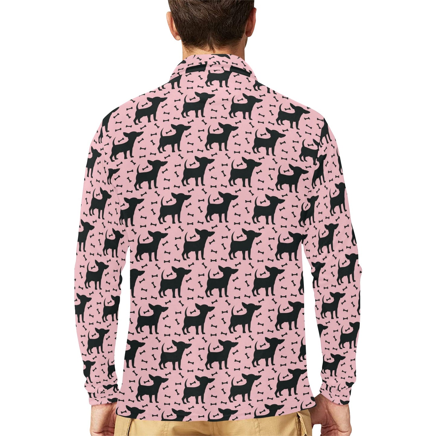 Chihuahua Pink Print Pattern Long Sleeve Polo Shirt For Men's