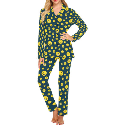 Smiley Face Emoji Print Design LKS301 Women's Long Pajama Set