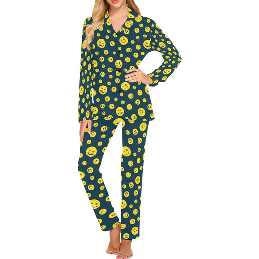 Smiley Face Emoji Print Design LKS301 Women's Long Pajama Set